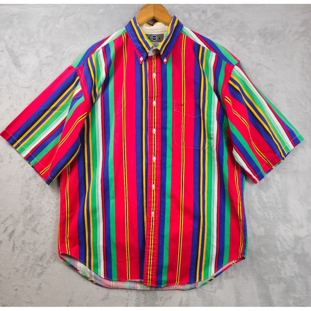 Vintage Deep River Mens XL Shirt Red Blue Green Striped Twill Pocket 90s 80s